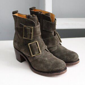 FRYE Women's Sabrina Double Buckle Suede Heel Boot Bootie Green USA Size 6.5